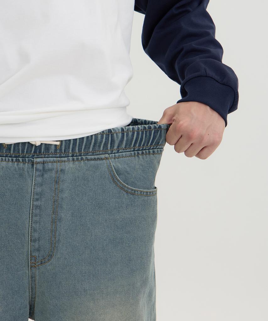 Akeusi Easy Fit Elastic Waist Wide Denim Pants Unisex (Light Blue)
