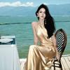French Heavy Industry Neck Halter Slim Slim Satin Dress Birthday Party Dress Long Dress Women's Summer