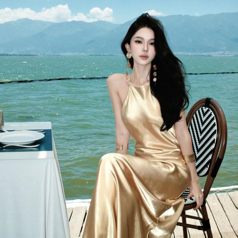 French Heavy Industry Neck Halter Slim Slim Satin Dress Birthday Party Dress Long Dress Women's Summer