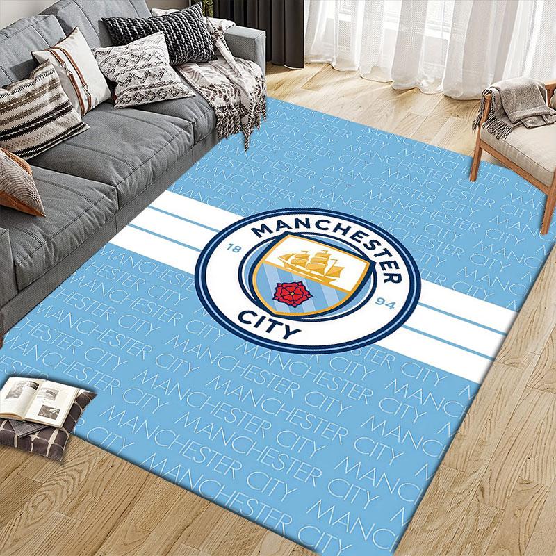 Man City Flannel Printed Carpet, Home Sofa Decoration for Living Room & Bedroom, Non‑Slip Play Flannel Floor Mat for Game Room