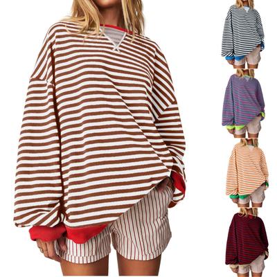 Women's Oversized Striped Color Blocking Long Sleeved Round Neck Sports Shirt Casual Loose Fitting Pullover Shirt Top