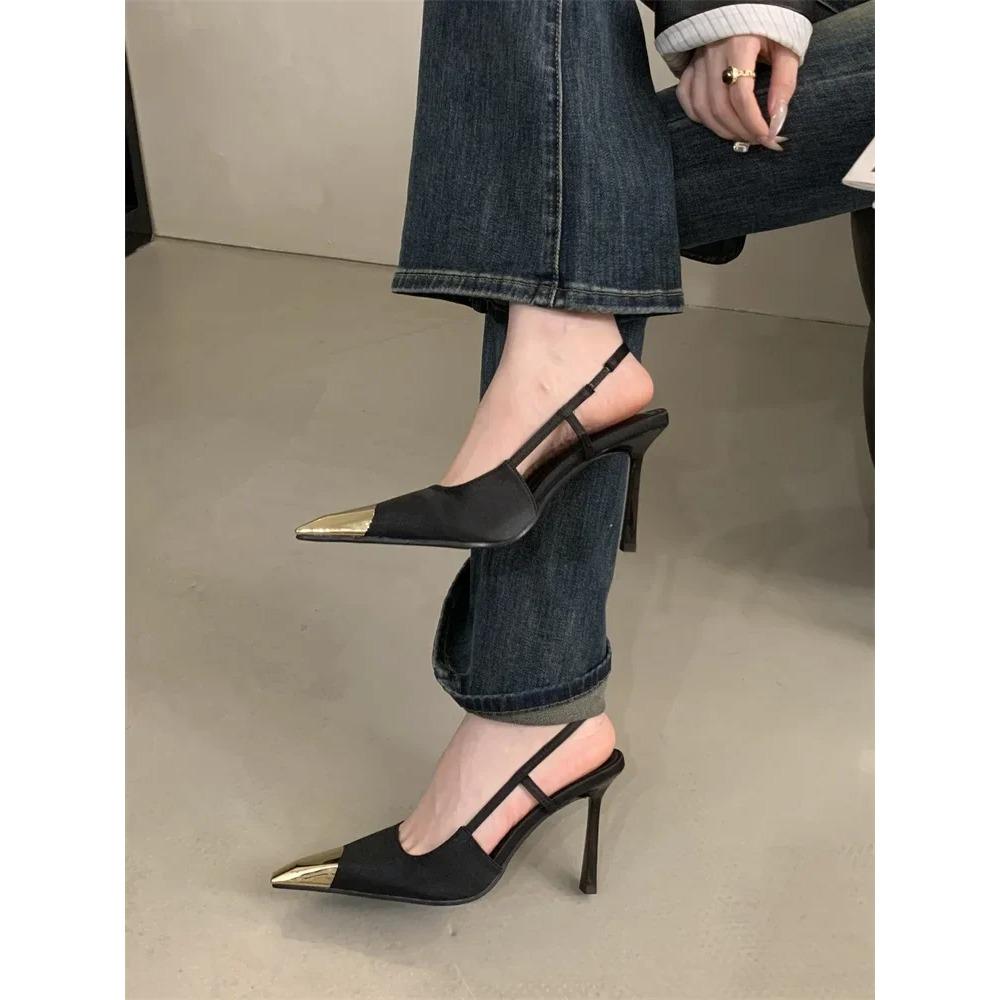 Spitze Dünne Absätze Slingback Pumps Damen KLEID für Metallverzierung Flache Luxus Schuhe Größe:35 40