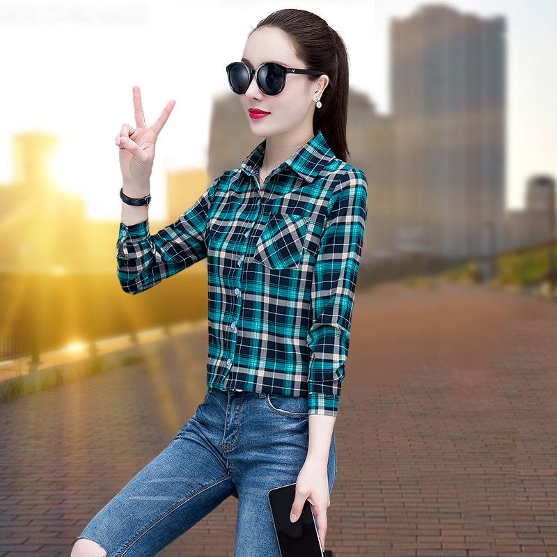 2025 Women's Korean Style Plaid Slimming Shirt - Casual Long Sleeve Print for Spring & Autumn Students