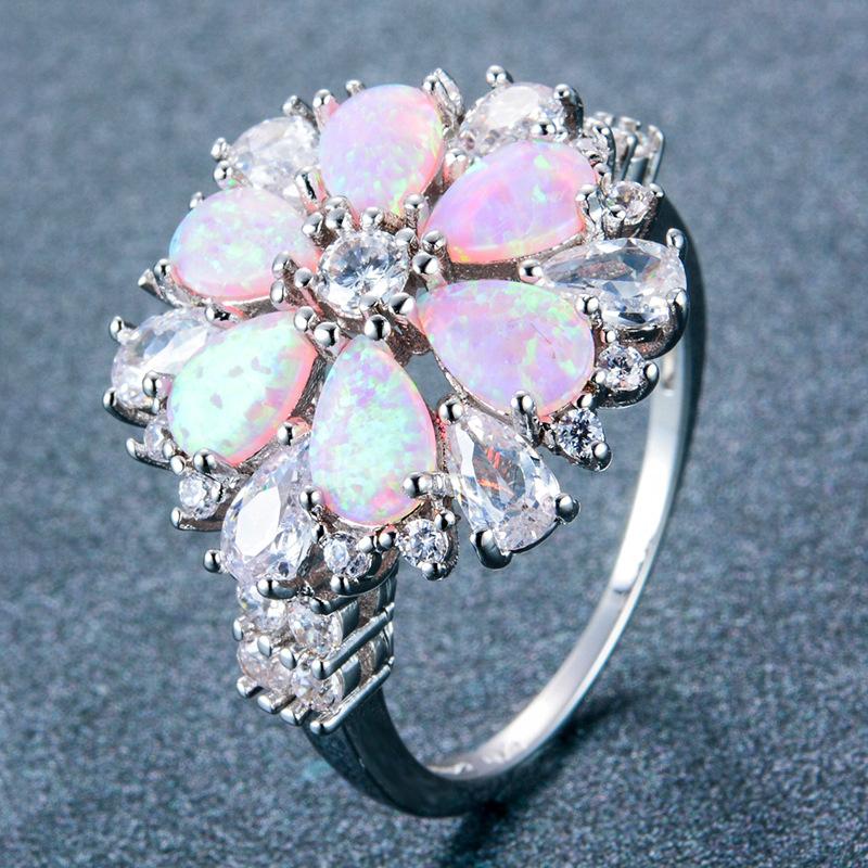Hot Selling Light Pink Opal Stone Flower Shaped Ring for Mens Fashion Retro Ring Accessories
