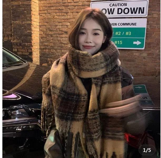 Винтажный зимний теплый кашемировый длинный шарф коричневый мягкий с длинной бахромой шарфы клетчатый утолщенный теплый шаль-накидка женский для девочек One Size