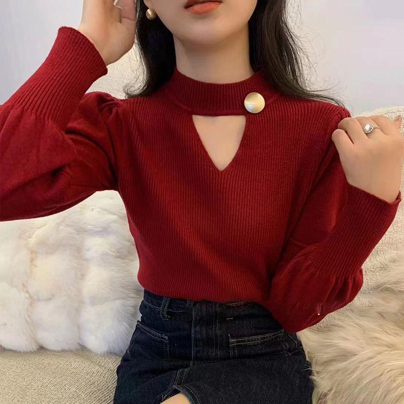 

European Goods Western Style Cut Out Knitwear Bottoming Red Top Red XL