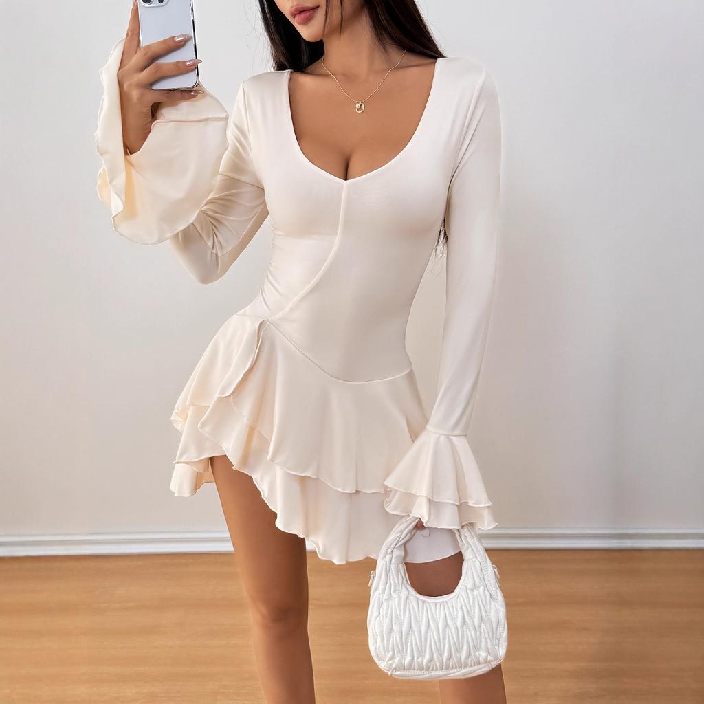 Women Evening Party Long Sleeve Deep V Neck Solid Color Irregular Bodycon One Piece Dress
