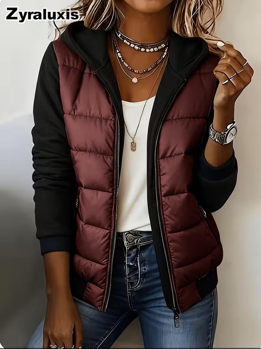 Damen-Colorblock-Steppmantel mit Wollmantel für Herbst Winter Tägliche Kleidung S weinrot