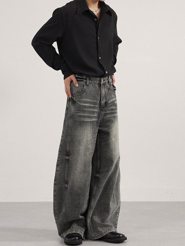 Men's Distressed Black-Gray Curved Blade Baggy Jeans - Unisex Casual Floor-Length Pants