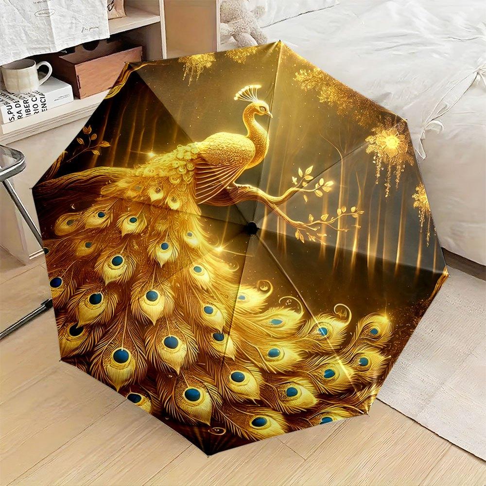 

Automatic Folding Umbrella Golden peaRooster with a detailed feather display. Portable collapsible design, casual outdoor acce