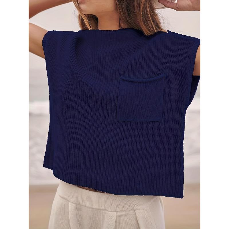 

VEZFAA Women s Fashion Casual Summer Spring Solid Color Print Short Sleeve O-Neck Sweaters XL темно-синього кольору