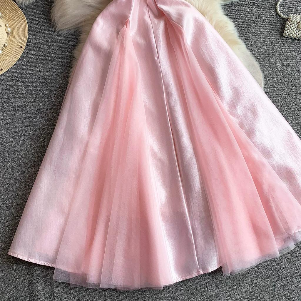 Summer New Sleeveless White Spliced Tulle Satin Maxi Dress Women‘s O Neck Slim Waist Ruched A Line Formal Wedding Evening Party Dress