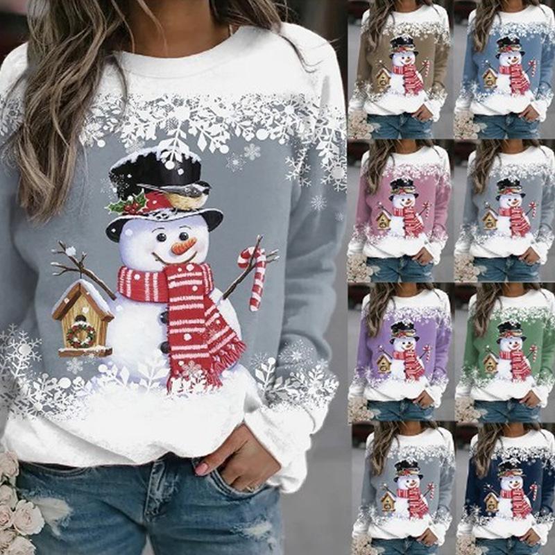 Women's Christmas snowman print long sleeved casual loose T-shirt women
