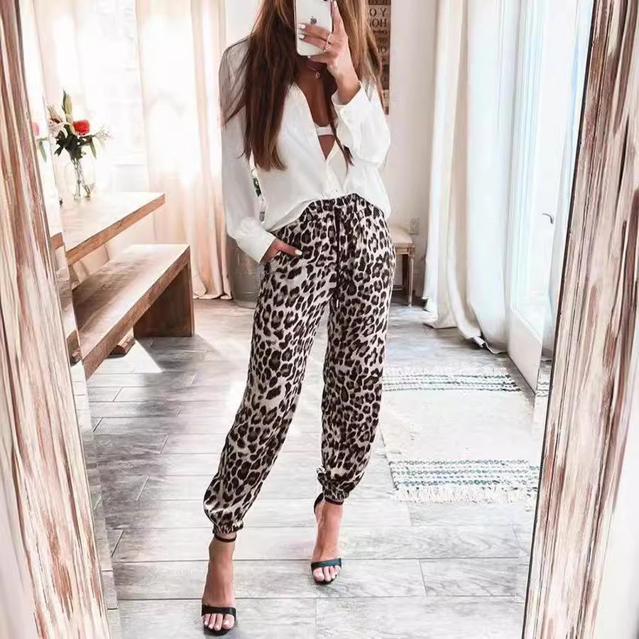 Women's Pants Autumn Winter New Leopard Print Elastic Waist Casual Wide Leg Pants for Women