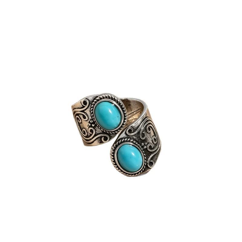 Vintage Flower Carved Personalized Opening Ring, Exaggerated Turquoise Punk Ring