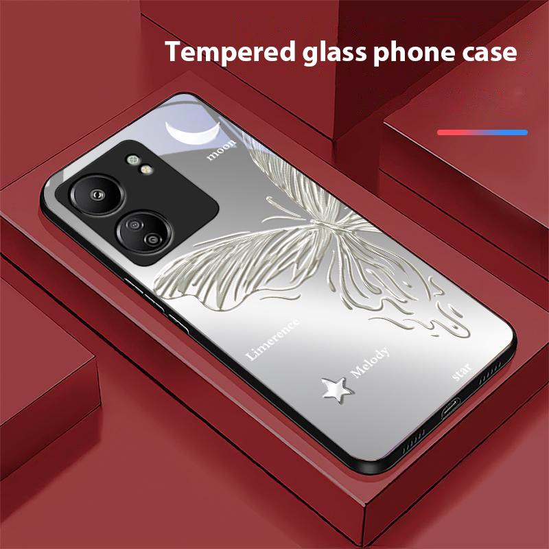 Metallic Butterfly For Xiaomi Redmi 13C Note13 12 Pro Plus 5G Note 9 13T Pro POCO X6 F5 F6 Black Tempered Glass Phone Case