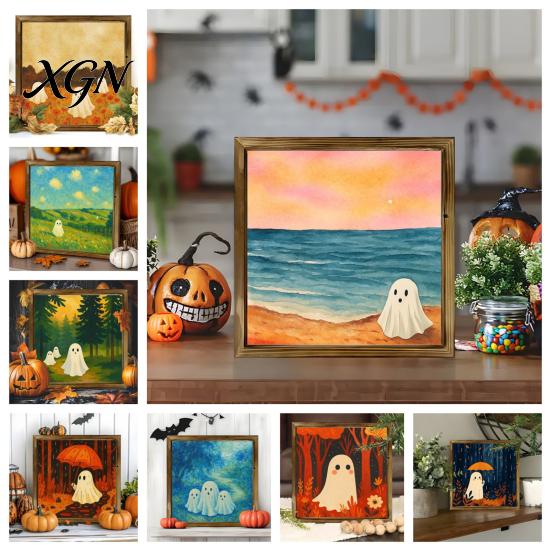 Distressed Halloween Party Props Ghost/Witch/Skeleton Decorative Painting, Wall Mount Square Wood Frame Wooden Decor Picture for Home