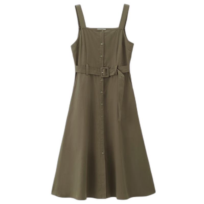Giordano Women s Sleeveless Cotton Square Neck Midi Pinafore Dress with Belt L