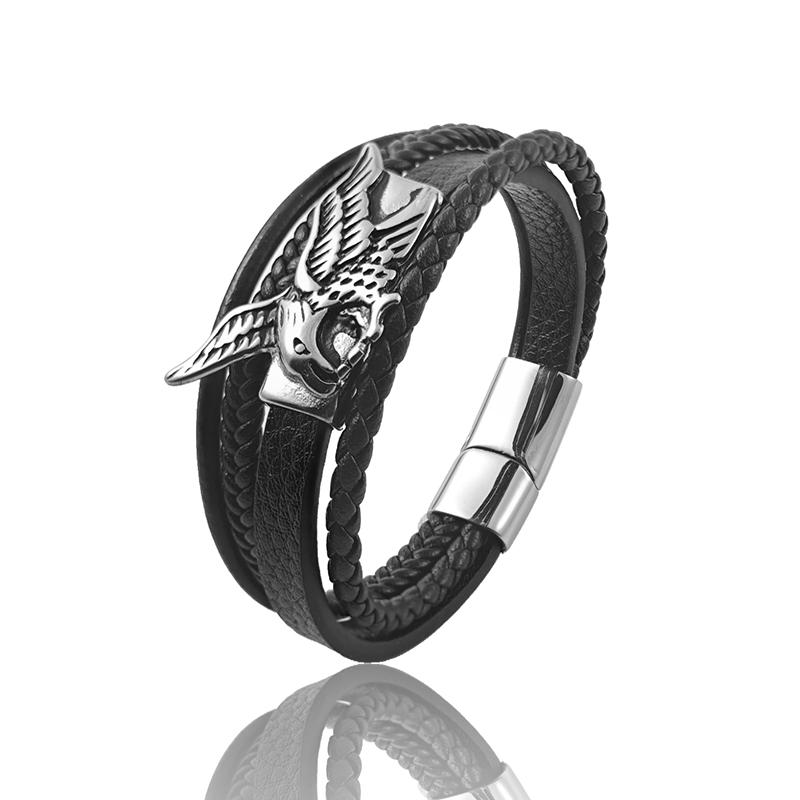 New Fashion Men Bracelet Hand Homme Eagle Bracelets Woven Hand Jewelry For Stainless Steel Magnet Clasp Leather Bangles Gift 20.5cm