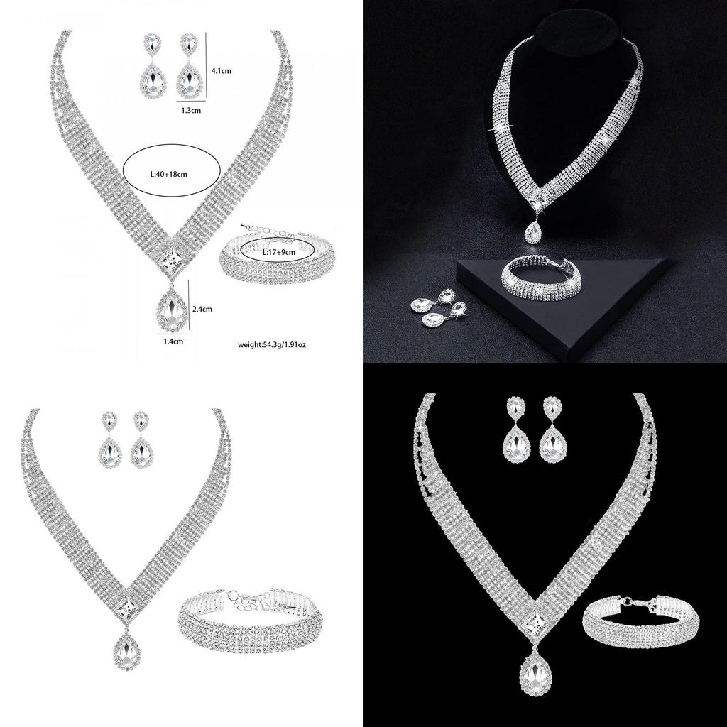 Water Drop Necklace Earring Bracelet Set With Zirconia For Bridal Wedding Dress Accessories