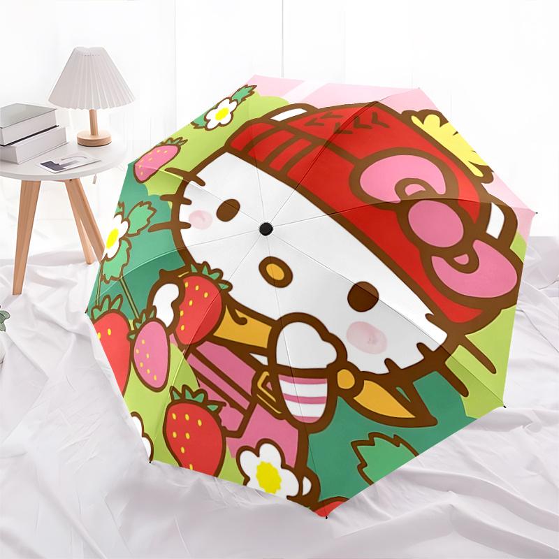 

1pc Hello Kitty Strawberry Hat Auto Open Close Umbrella, Portable Tri-Fold Design, 8-Rib Iron Frame Outdoor Umbrella, Festival Gift for Fans, Traveler