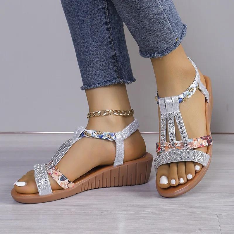 Fashion Women Summer Bohemia Rhinestones Casual Platform Sandals Female Peep Toe Outdoor Beach Shoes Sandalias De Mujer Verano 2025