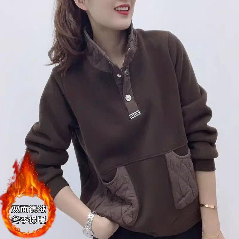 Womens Thermal Sweatshirt Stand Collar Splicing Loose Fit Long Sleeve Slim Top