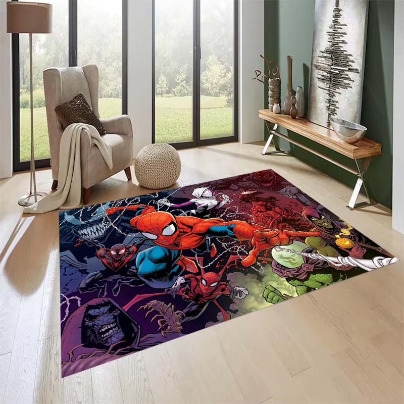 New custom-designed, cool Spider-Man rugs are available for your entryway, bathroom, and bedroom – featuring a spiderweb pattern