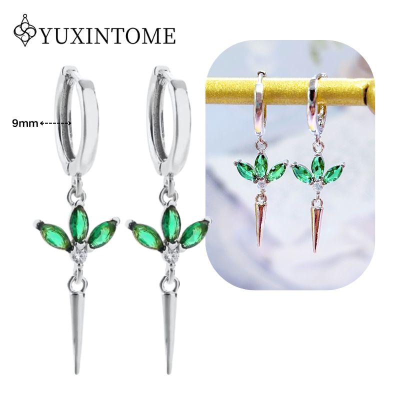 Turquoise 925 Silver Ear Needle Green Zircon vintage emerald Heart/Flower Pendant Hoop Earrings Fashion party Jewelry