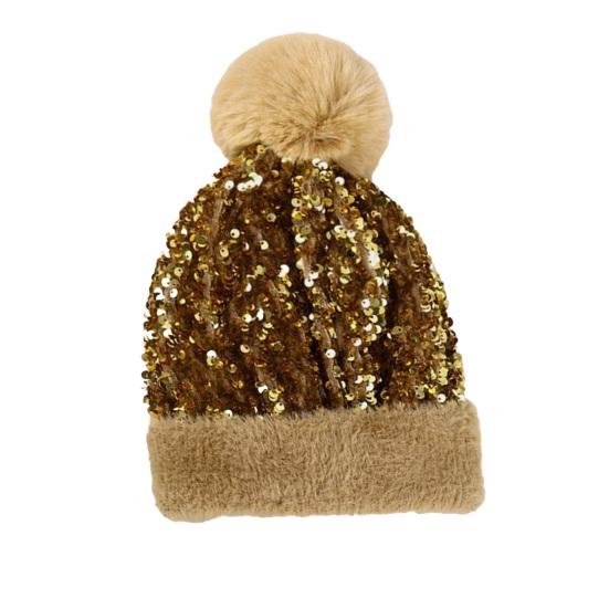 Women Knitting Hat Plush Ball Decor Shiny Sequins Decor Brimless Hat Winter Warm Furry Bucket Hat Headwear