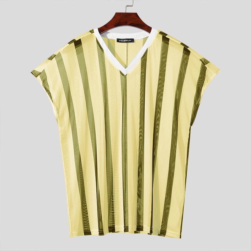 

INCERUN мужские полосатые футболки с v-образным вырезом и короткими рукавами, летние сетчатые топы XL