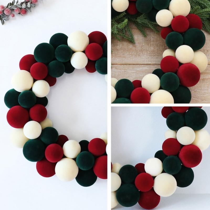 Mixed-Size Flocking Ball Christmas Wreath with a Soft-Finish Look, Rounded Holiday Decoration for Balconies, Entryways and Party Backdrops