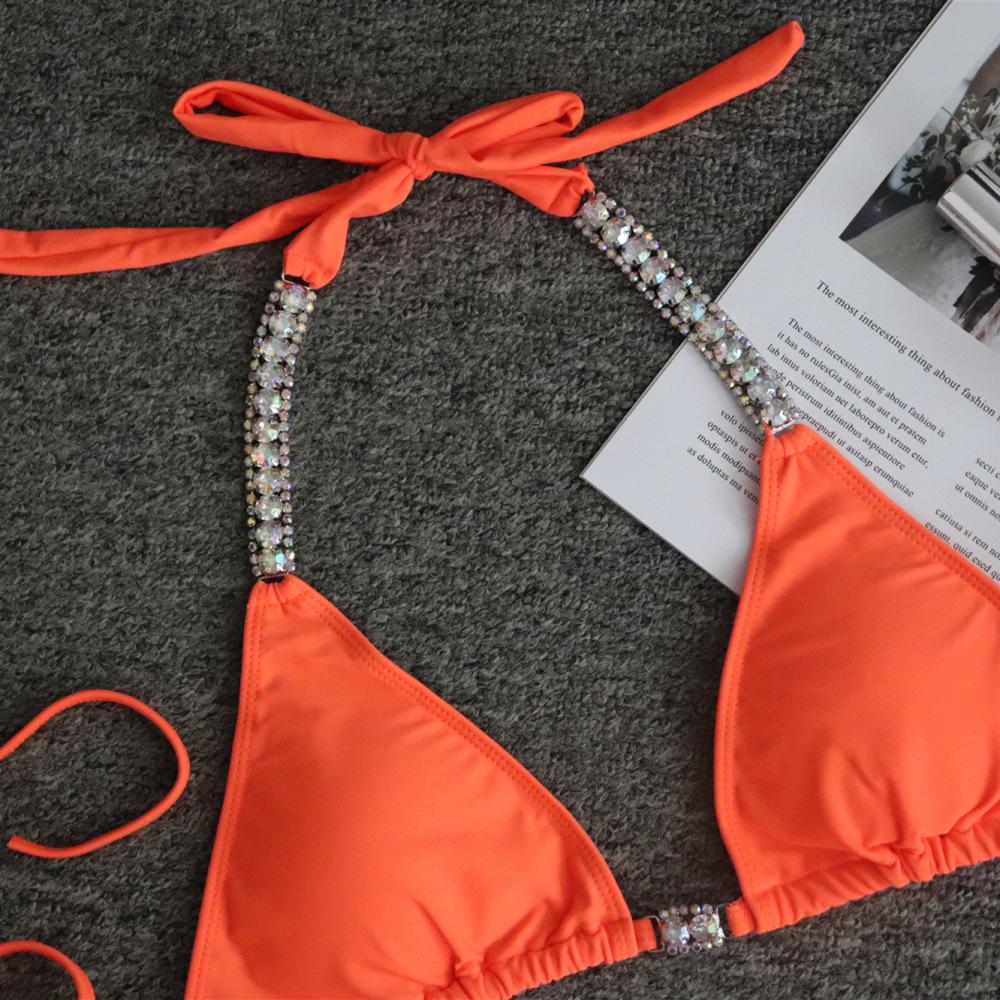 Solid Color Sexy Strap Swimsuit Luxury Rhinestone Swimsuit Bikini