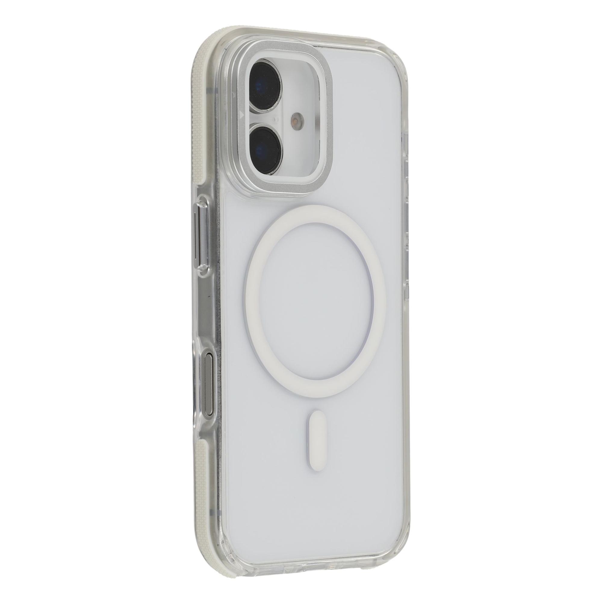 

For iPhone 16 Plus Magnetic Case TPU Acrylic Clear Phone Back Cover with Lens Protector Kickstand White
