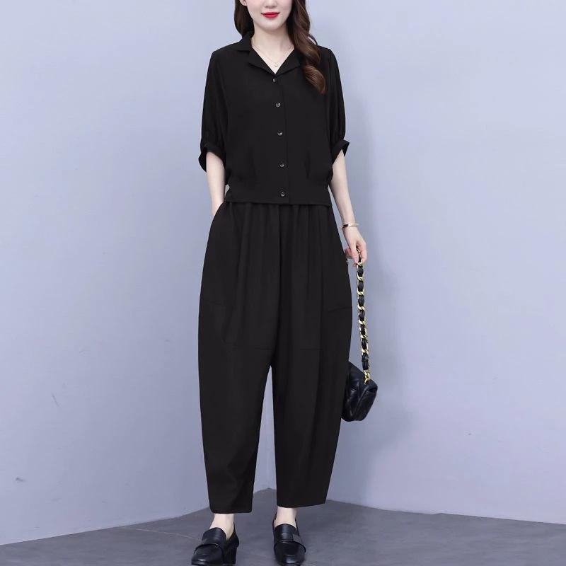 Luxury Ice Silk Women's Summer Fashion T-Shirt & Loose Two-Piece Set - Age-Defying, Belly-Covering, Solid Color