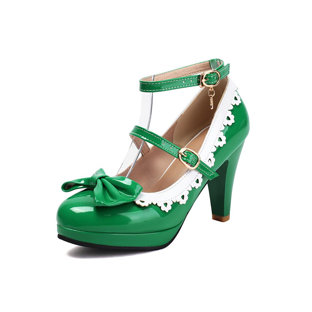 Fashion Women Ankle Strap Buckle High Heels Round Toe Heel Pumps Women Platform Pumps with Bow Party Wedding Shoes Chaussures De Femme