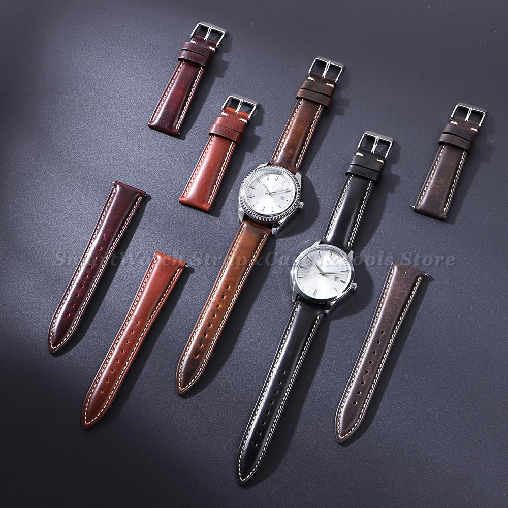Wax Leer Echte Huid Mannen Vrouwen Horlogeband Top Grain Natuurlijk Leer 18mm 19mm 20mm 21mm 22mm Horlogeband Roestvrij Staal Gesp