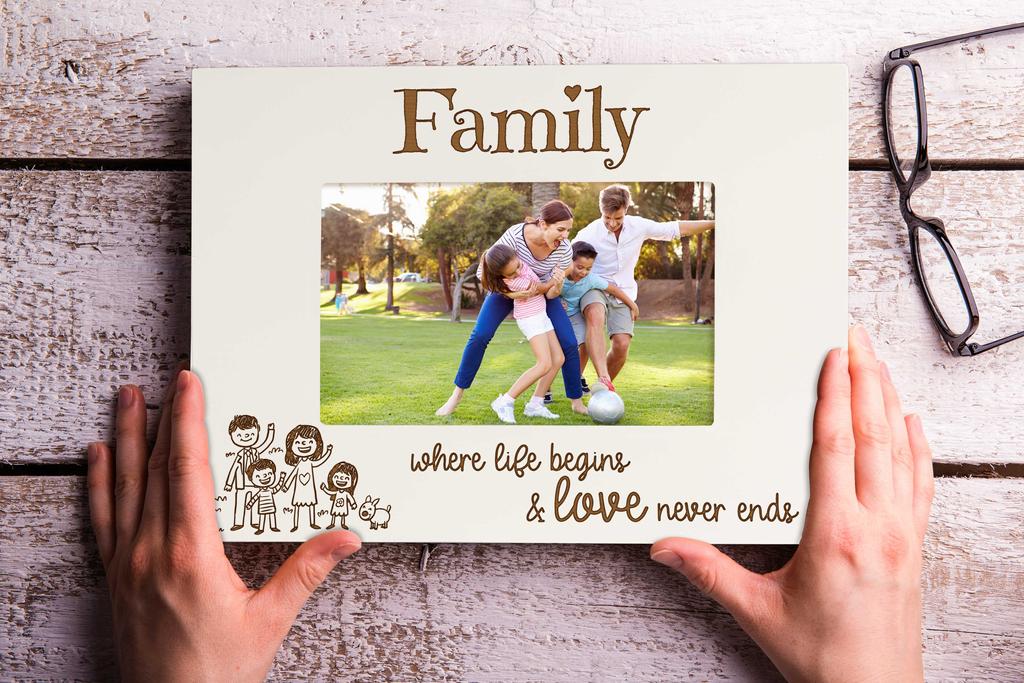 Darling Souvenir MADE WITH LOVE Engraved Family Where Life Begins & Love Never Ends Quotes Table Top Photo Frame