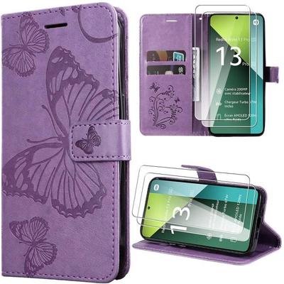 Coque Pour Xiaomi Redmi Note 13 Pro 5G - Violet - Effet Cuir - Porte-cartes - Motif Papillon - 2 Verres Trempés