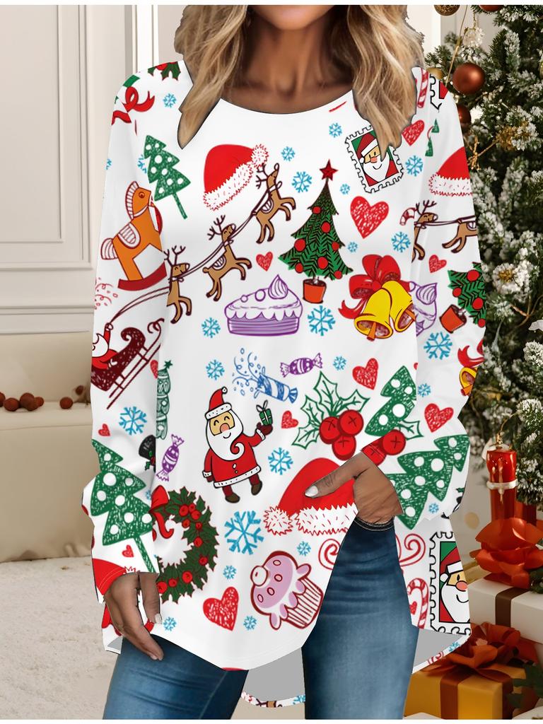Kobiety Plus Size Wiosna Boże Narodzenie Bałwan Nadrukowany Wygodny Długi Rękaw Okrągły Dekolt T-shirt Casualowy Luźny Średniej Długości Top