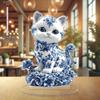 2D Blue White Porcelain Cat Ornament with Acrylic Bracket - Waterproof Multi Functional Home, Office, and Cafe Stand Ornaments
