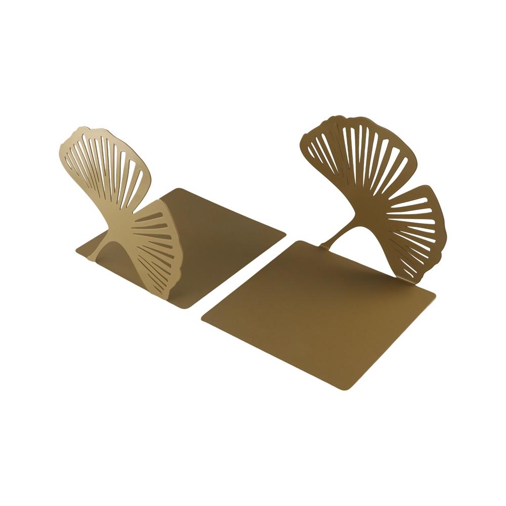 Stilvolle L-förmige faltbare Buchstützen Hohlmetall-Bücherregal Ginkgoblatt Bücherregal Unisex