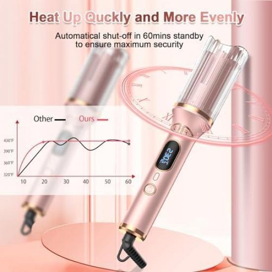 

Автоматическая плойка, Автоматическая плойка с большим керамическим стволом 1 дюйм [Стойкая укладка | Автоотключение] Двухвольтная плойка с 4 температурными режимами и розовый