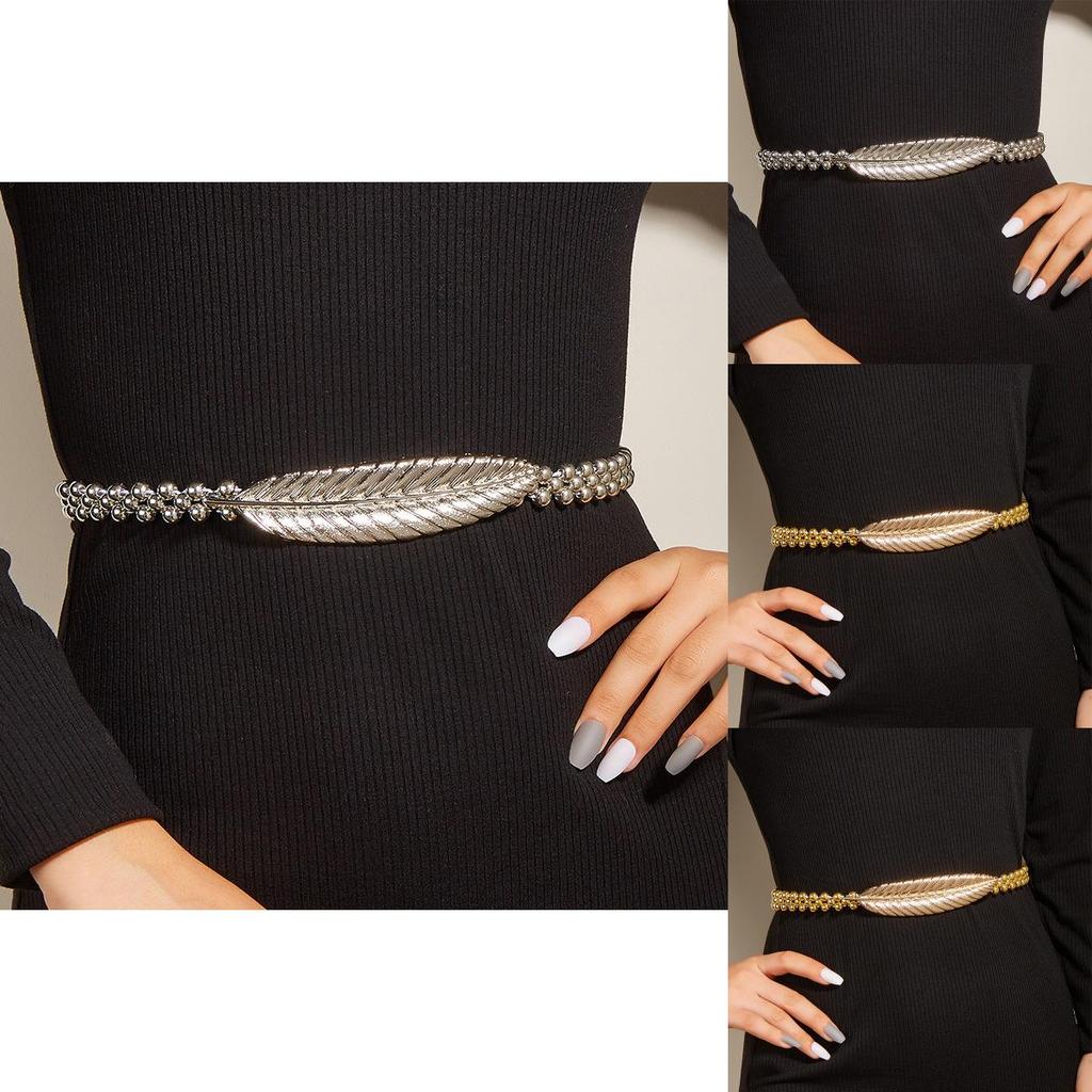 Spring Metal Elastic Waist Chain For Women Dress Accessory With Leaf Design