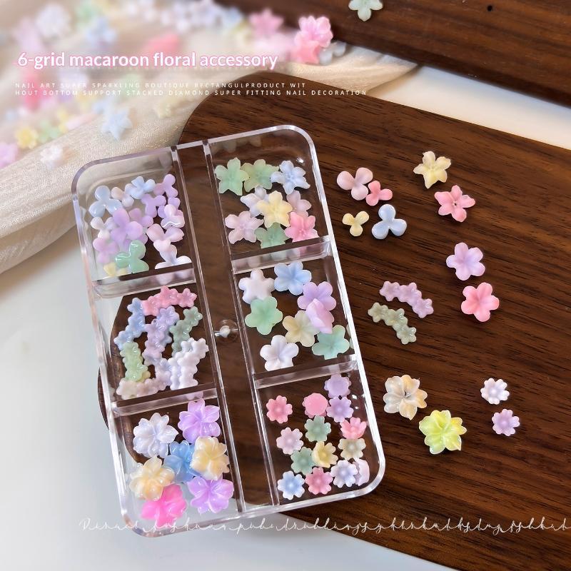 Cute 3D Pastel Macaron Flower Nail Art Charms With 6 Grid Storage Box Perfect For Diy Nail Design Home Salon Use