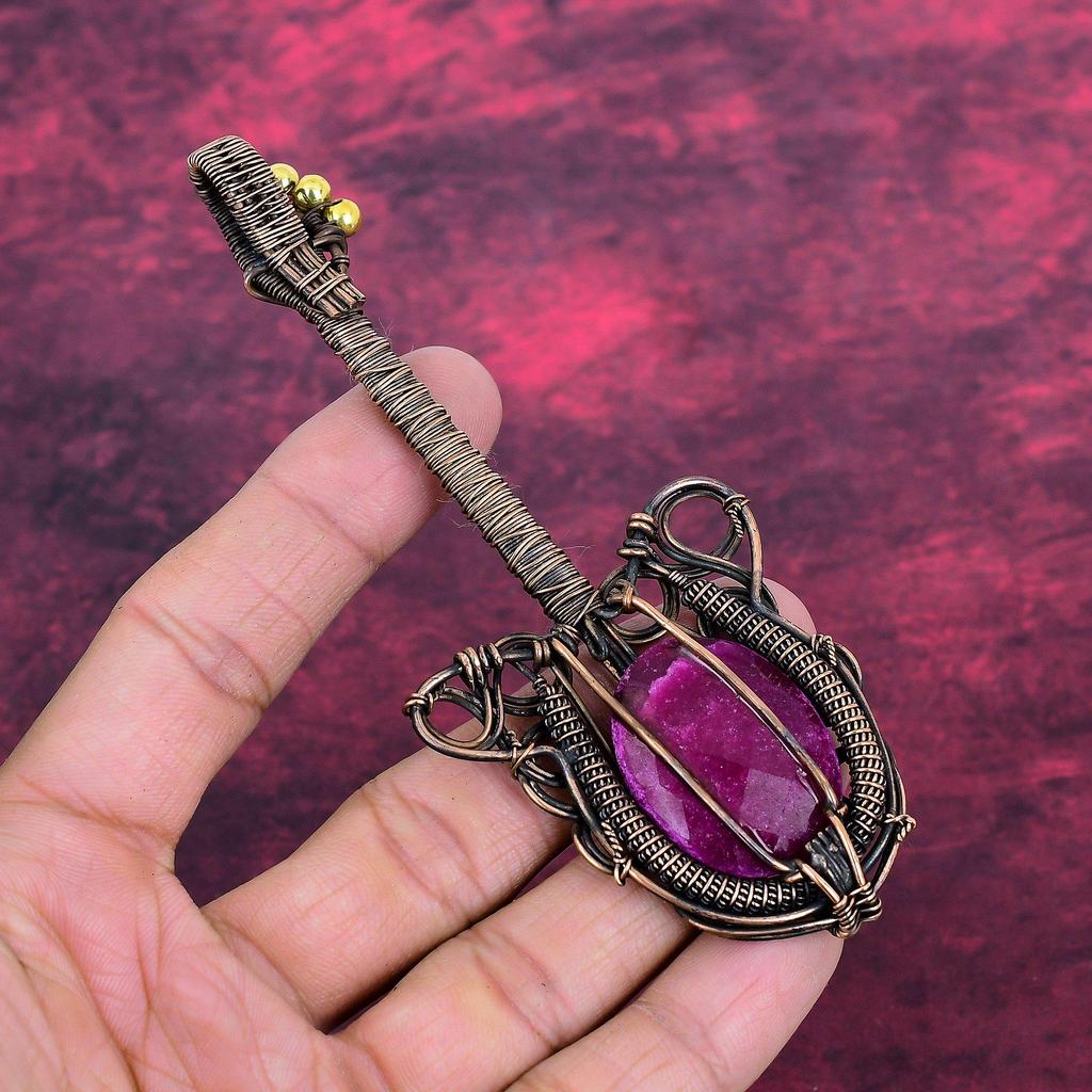 Faceted Kashmir Ruby Gemstone Pendant Copper Wire Wrapped Guitar Design Pendant