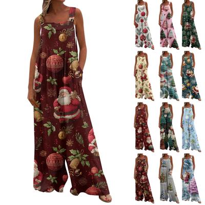 Macacão Casual Feminino Estampado de Natal Sólido Perna Larga Sem Alças Regata Bolso