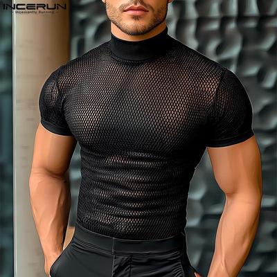 Herren Sommer Mockneck Kurzarm Mesh Sheer Durchsichtige T-Shirts T