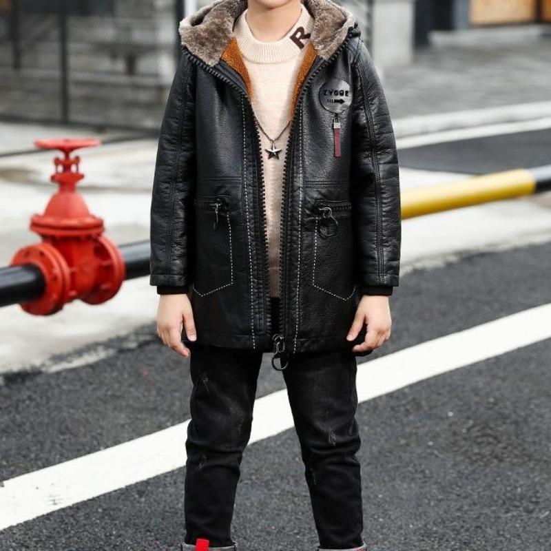 Lässige Jungen-Lederjacke mit Fleecefutter für Herbst/Winter – Mittellange, verdickte Kinderjacke
