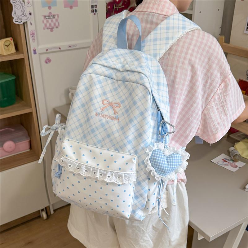 Cute Gingham Polka Dot School Backpack with Bow Detail Lace Trim Lightweight Zipper Daypack for Teen Girls Travel